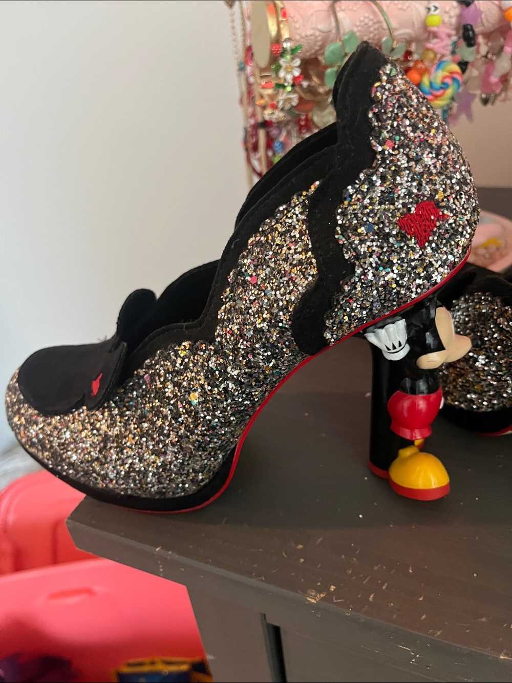 Irregular Choice Black Velvet & Multicolor Glitter Mickey Ear Pumps - Picture 3 of 9